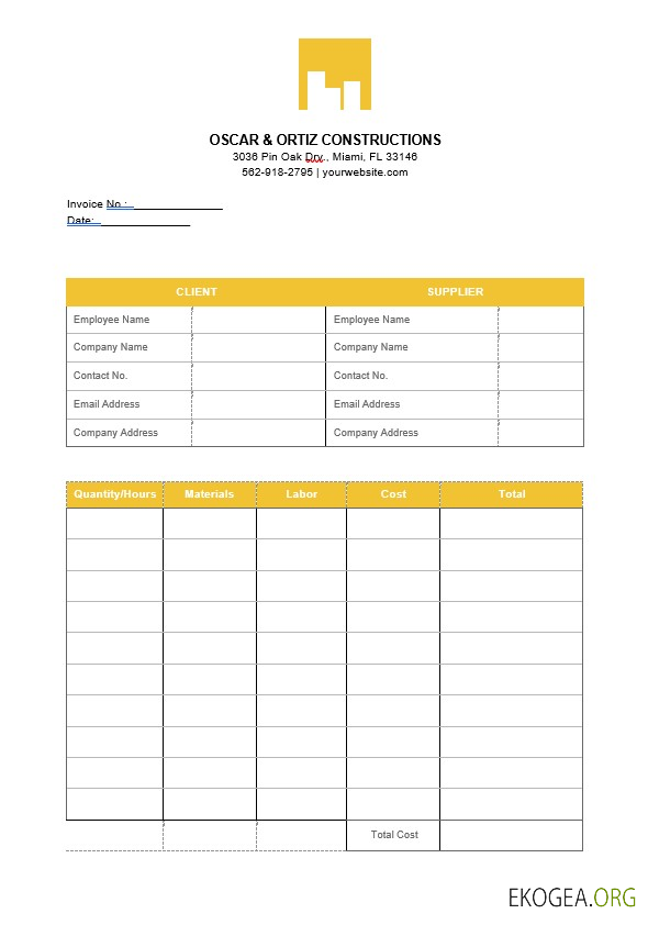Modèle de facture de construction imprimable